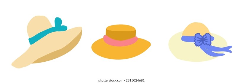 Vector set of beach summer straw hats in a flat cartoon doodle style.