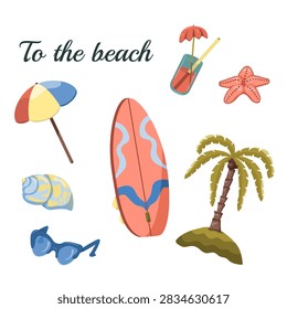 Vector set of beach and swimming objects. Surfboard and cocktail image, starfish and shell, palm tree and umbrella. For print, invitations, branding.