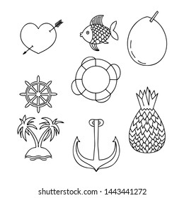Vector set for beach tattoo. Heart, fish, coconaut and other illustration isolated on white background