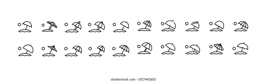 Vector set of beach thin line icons. Design of 20 stroke pictograms. Beach signs isolated on a white background.