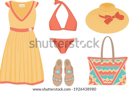 vector set of beachwear, including dress, bikini swimsuit, sandals, hat, bag in bright colors on a white background