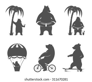 Vector Set Bear with bike, palm, balloon and skate on a white background. Bear Symbol for T-shirts print, labels, badges, stickers and logotypes