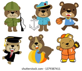Vector set of bear cartoon in different uniform of profession