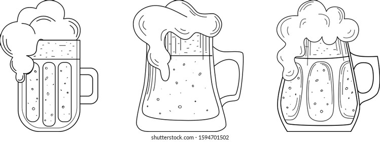 Vector set of bear / Doodle  illustration mug of beer / Outline