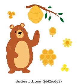Vector set with bear, honey, honeycomb, beehive on tree branch, chamomile flowers, hand drawn with trendy textures