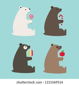 Vector set of bear icons of different colors. Bears hold ice cream, lollipop, candy and an apple. Bears in flat style.