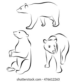 vector set of bear silhouettes isolated on white background. Wild grizzly contour, animal in different poses. Hand drawn wild mammal. Graphic illustration clip art. Flat design