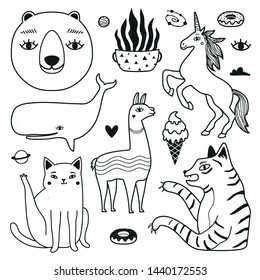 Vector set with bear, whale, llama, cat, tiger, unicorn, plant and other doodle style elements. Black and white trendy collection with animals