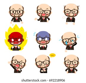 Vector set of beard, bald head male, character wearing eyeglasses in different emotions, facial expressions isolated on white background.