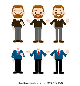 Vector set of  bearded businessman characters in various poses and different outfits isolated on white background.