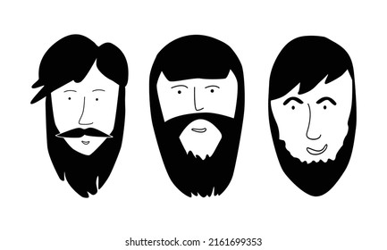 Vektorset von bärtigen Männern, Hipsters mit verschiedenen Haarschnitten und Bärten. Silhouetten, Embleme, Abzeichen, Etiketten. Vektorgrafik im Doodle-Stil.