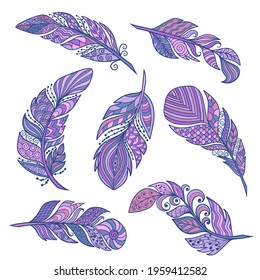 Vector set of beautiful abstract feathers in ethnic style on a white background, zenart, limited palette, for design and decoration