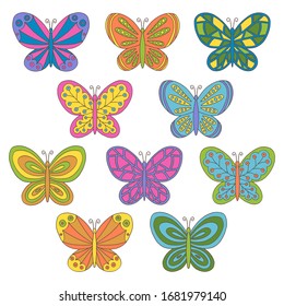 Vector set with beautiful abstract hand-drawn multicolored butterflies on a white background, for cover design, packaging, greeting cards, textile print