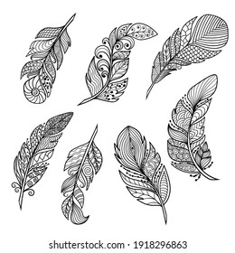 Vector set of beautiful abstract zenart style feathers on a white background, coloring page for kids and adults