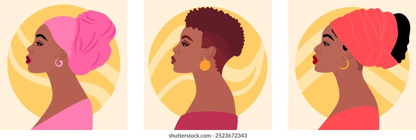 Vetor conjunto de mulheres afro-afro-americanas bonitas com vários penteados, vista lateral, avatar para redes sociais.