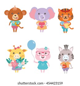 Vector Set With Beautiful Animals. Funny Character Collections. Monkey, Elephant, Tiger, Giraffe, Pig, Zebra In Bright Clothes. Simple And Cute Style For Baby.