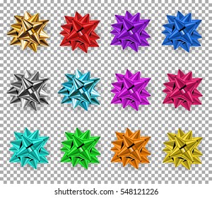 Vector set of beautiful big colorful bow made of shiny ribbons with shadows isolated on transparent background. Celebration, greeting, decoration elemets for your design