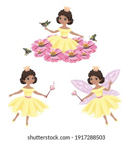 Vector set of a beautiful black princess with magic wings and a magic wand, fluttering over a meadow of pink flowers. Vector illustration isolated on white background.