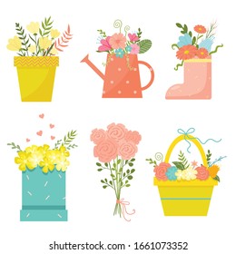 Vector set of beautiful bouquet of different frowers and flora in different kind of vases, bowl: bowl, watering can, rubber boot, box, basket. Vintage set, flat style, on white background isolated