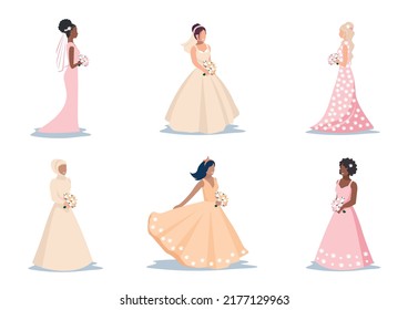 Vector set of beautiful brides in wedding dresses. Wedding dresses and accessories. For designing a flyer, poster or advertising in social networks.