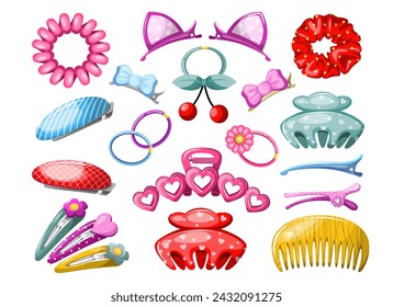 
Vector set of beautiful bright hair accessories. Hairpins and elastic bands for girls. Isolate on a white background. Clipart.