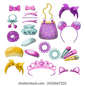 
Vector set of beautiful bright hair accessories. Hairpins and elastic bands for girls. Isolate on a white background. Clipart.