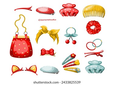 
Vektor-Set von schönen hellen Haar-Accessoires. Haarnadeln und Gummibänder für Mädchen. Isolieren auf weißem Hintergrund. Clipart.