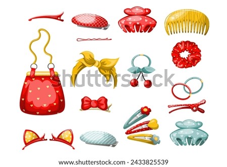 
Vector set of beautiful bright hair accessories. Hairpins and elastic bands for girls. Isolate on a white background. Clipart.