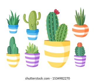 Vector set of beautiful cacti, aloe, cactus. Collection of exotic plants. Decorative natural elements are isolated on white. Cactus hand drawn illustration