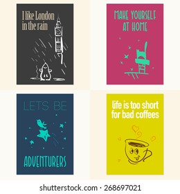 Vector set of beautiful cards templates with hand drawn animal icons. Text message, lettering, gift. Congratulations, best regards, post card design.