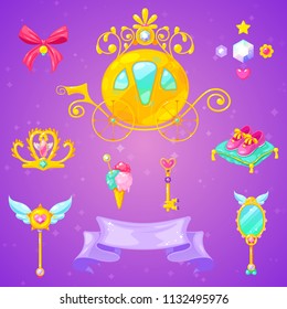 Vector set of beautiful carriage, crown and accessories. Little princess elements.