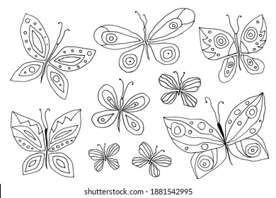 Vector ambientado con hermosas mariposas de dibujos animados. Esquema. Libro de colorear.