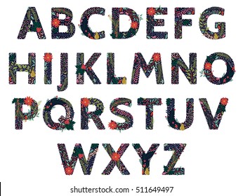 Vector Set of Beautiful Christmas or Winter Holidays Floral Alphabet