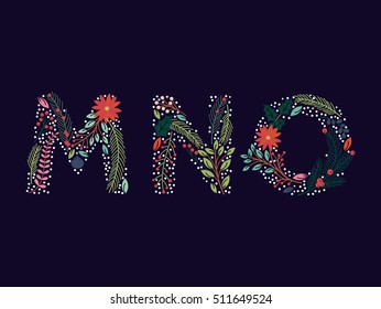 Vector Set of Beautiful Christmas or Winter Holidays Floral Alphabet
