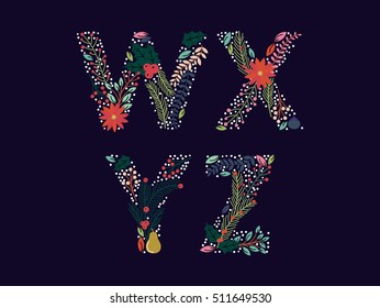 Vector Set of Beautiful Christmas or Winter Holidays Floral Alphabet