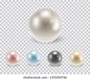Vector set of beautiful colorful shiny pearls with shadows isolated on transparent background