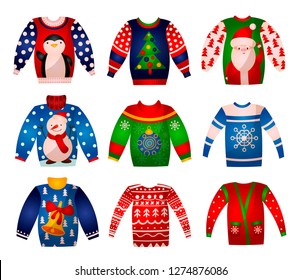 Vector set of beautiful cute Christmas sweaters with holiday decorations. Knitted winter lights.