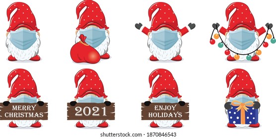 Vektorset des schönen süßen Weihnachtsmanns mit Schutzmaske und Feiern des neuen Jahres Frohe Weihnachten 