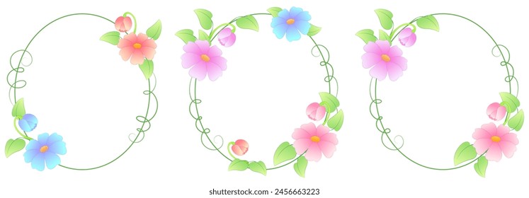 Conjunto de Vector de hermosos marcos ovales decorativos con flores multicolores, brotes, hojas, subgrupos trepadores y vides.