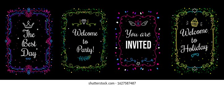 Vector set of beautiful different template illustration with curly green and pink color frame and inscription on black background. Thin line art style romantic decorative design for wedding invitation