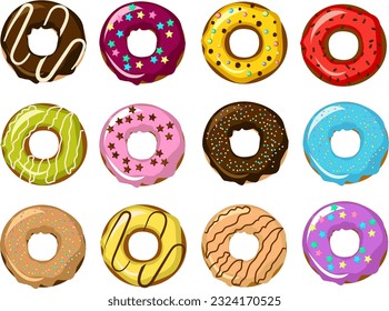 Vector set of beautiful donuts.Donuts with sprinkles, cream and cream on a transparent background. Sweet desserts for the holiday.