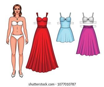 Vector set of beautiful European women with summer party clothes. Paper doll girl with dresses and skirt isolated from white background