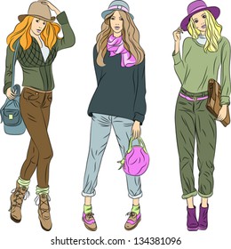 Vector set beautiful fashion girls top models with bags in the summer or spring clothes: jacket, sweater, shoes, pants and hats