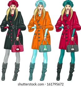Vector set beautiful fashion girls top model in a beret, coat and boots in three color combinations