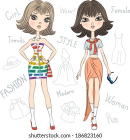 Vector set beautiful fashion girls top model in summer dresses