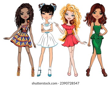 Vector SET of beautiful fashion girls of different races in summer clothes