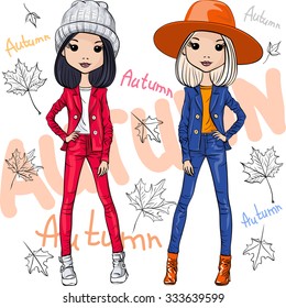 Vector set beautiful fashion hipster girls top models in autumn clothes, hats and boots, jacket and jeans