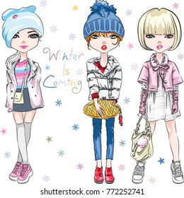 Vector SET of beautiful fashion hipster girl in winter clothes, sneakers, jacket and hat with bags.