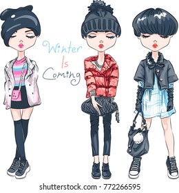 Vector SET of beautiful fashion hipster girl in winter clothes, sneakers, jacket and hat with bag