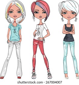 Vector set beautiful fashionable hipster girls in jeans and shirts.